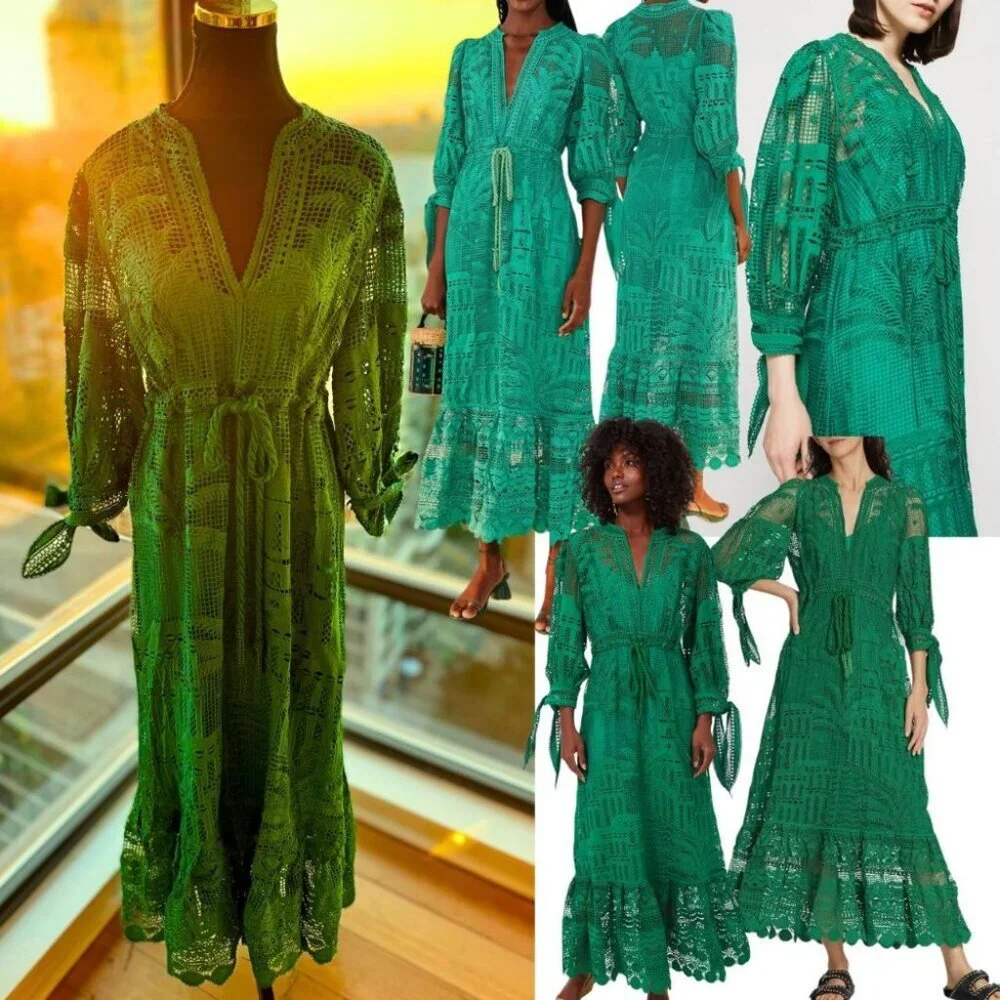 🆕 FARM Rio 🧿 NWOT Green Morada Boa Guipure Dress - Size M